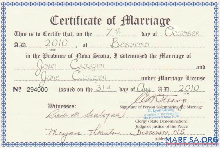 Realistic Canada Province of Nova Scotia marriage certificate template in PSD